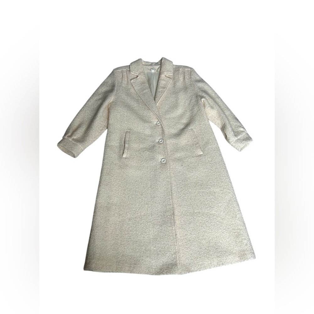 Wool blend Vintage Women's Cream Bouclé Long Trench Coat - S - M - Picture 8 of 11
